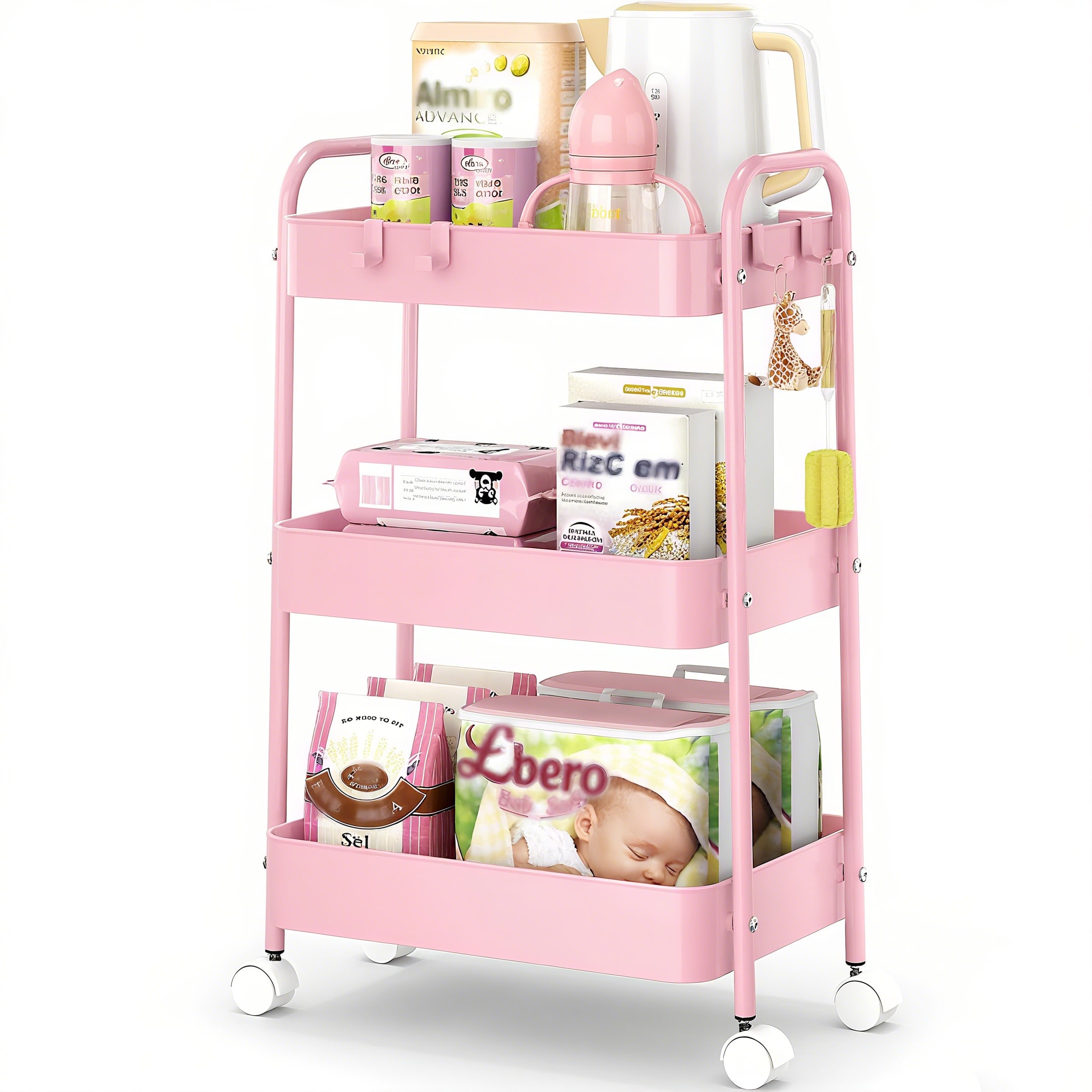 Baby Nursery Unit - 3 Tier Metal Rolling Cart With