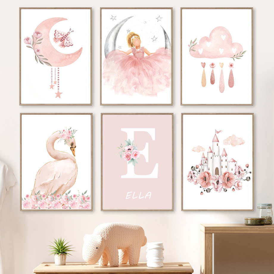 Baby Nursery Decor Girl - Pink Angel Girl Sun Moon Cloud