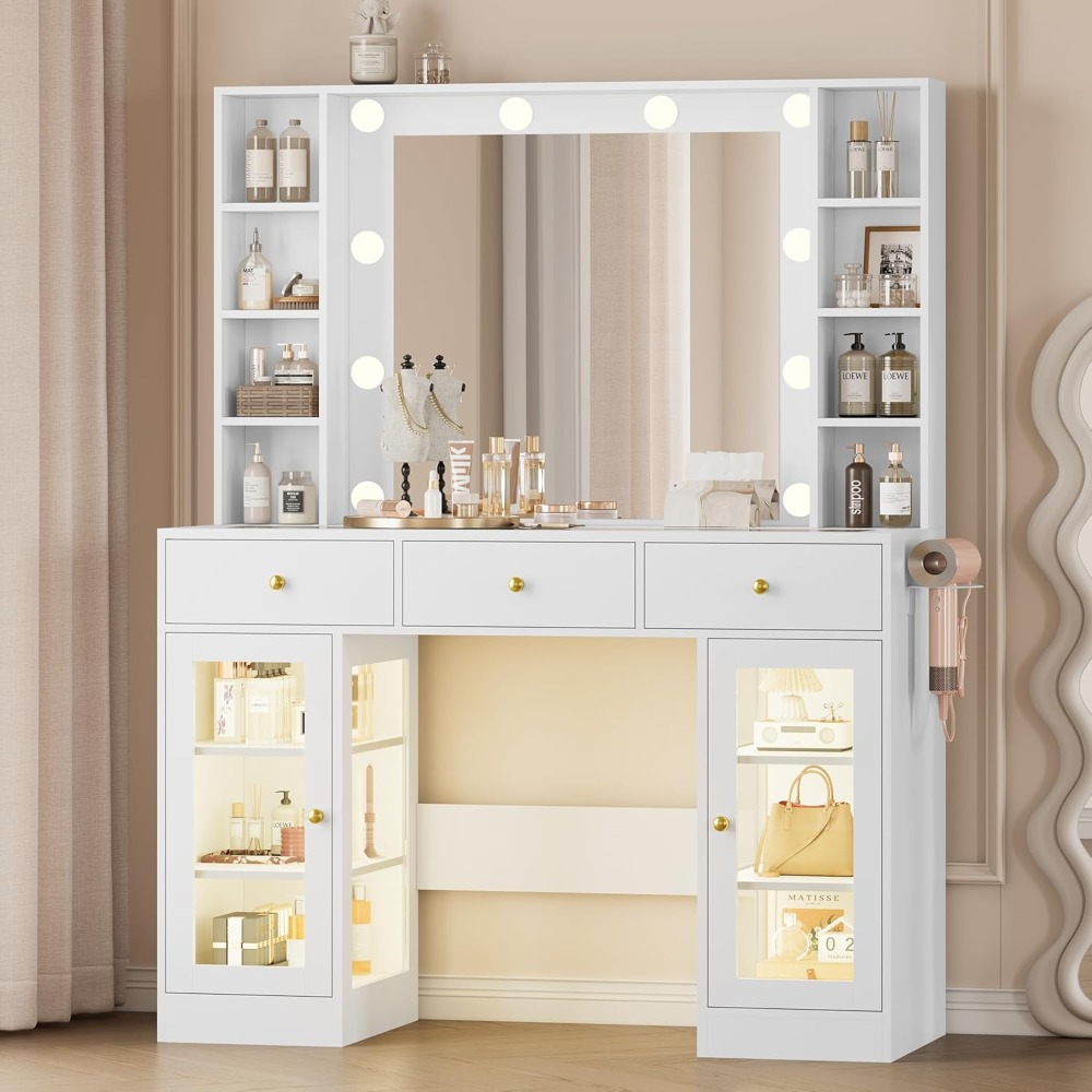 Drawer Dresser White - White Vanity with Glass Top, LED
