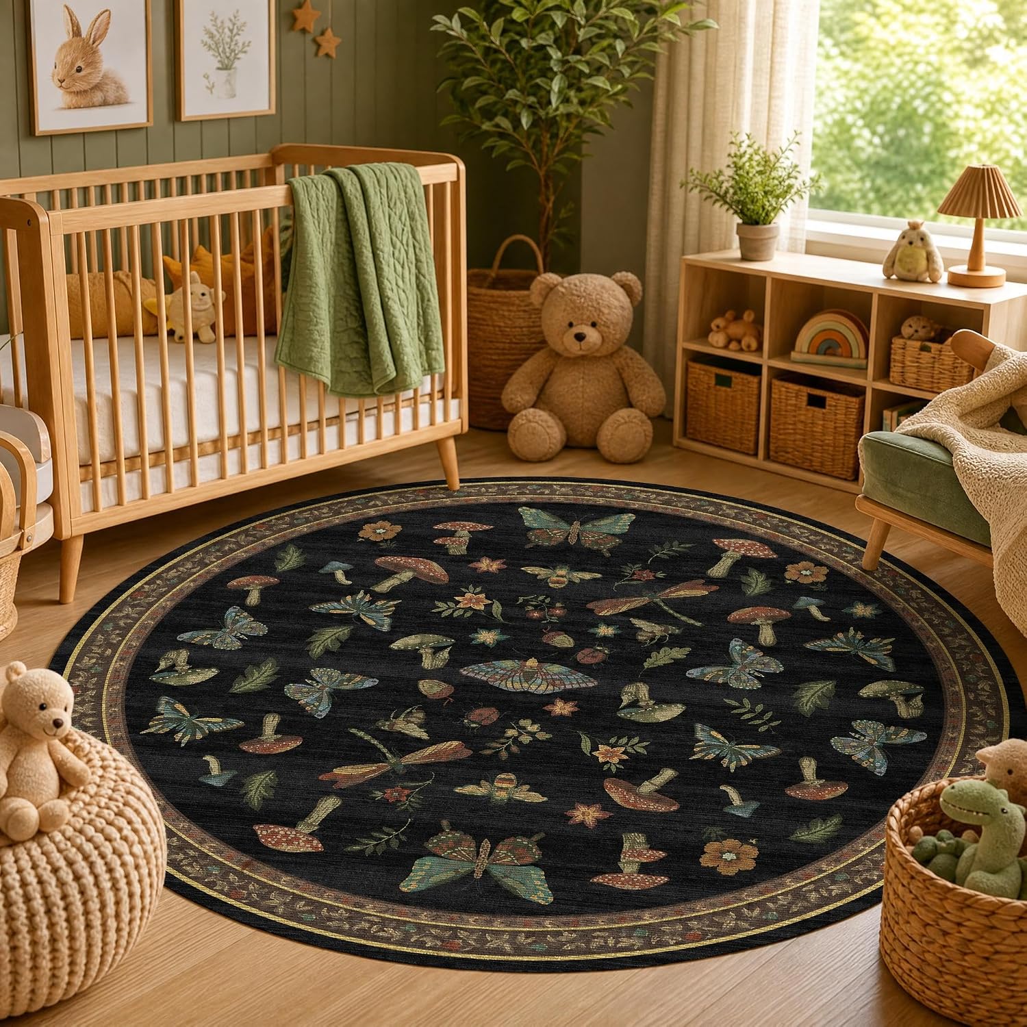 Baby Nursery Rug - Large Polyester Round Butterfly Mushroom Woodland