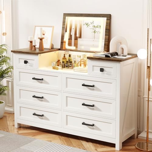 Drawer Dresser White - Dresser with LED Mirror, 8 Drawers,