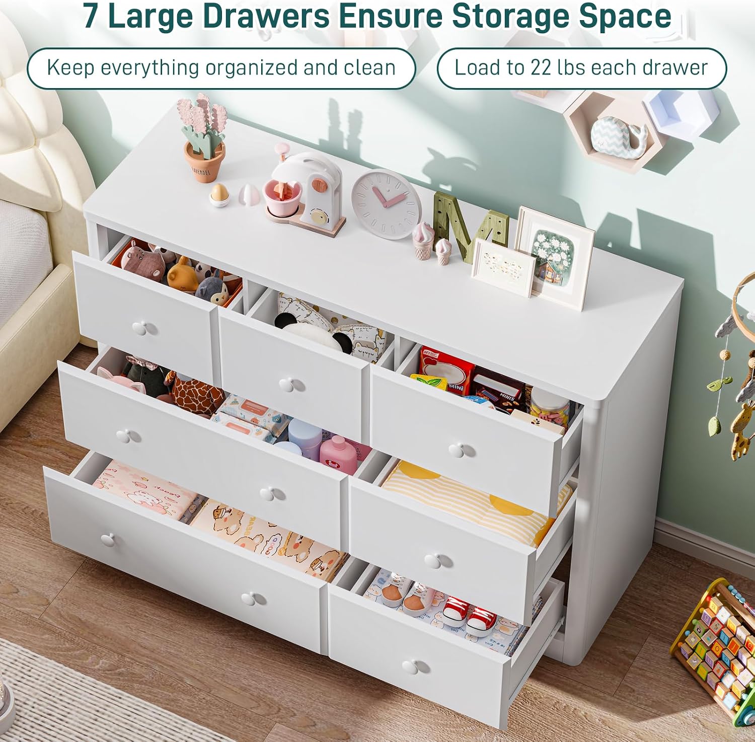 Dresser Cabinet 7 Drawers Kids - đánh giá và giá Drawer Dresser White